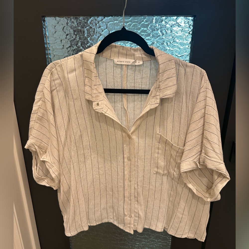 Altar’d State Cropped Linen Button Down Top Cream Stripe Size L